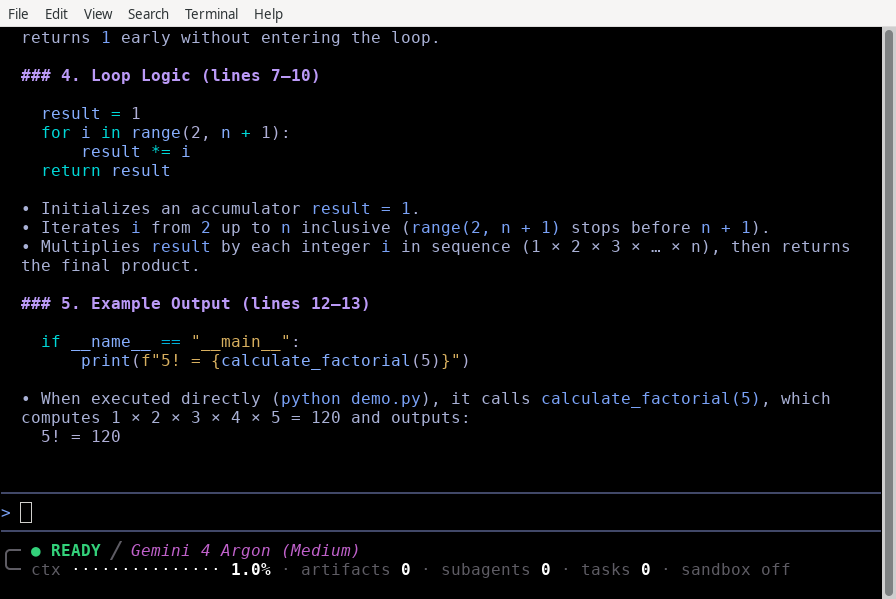 A custom status line below the prompt box showing READY, Gemini 4 Argon (Medium), a context usage bar at 1.0%, artifact, subagent, and task counts, and the sandbox state