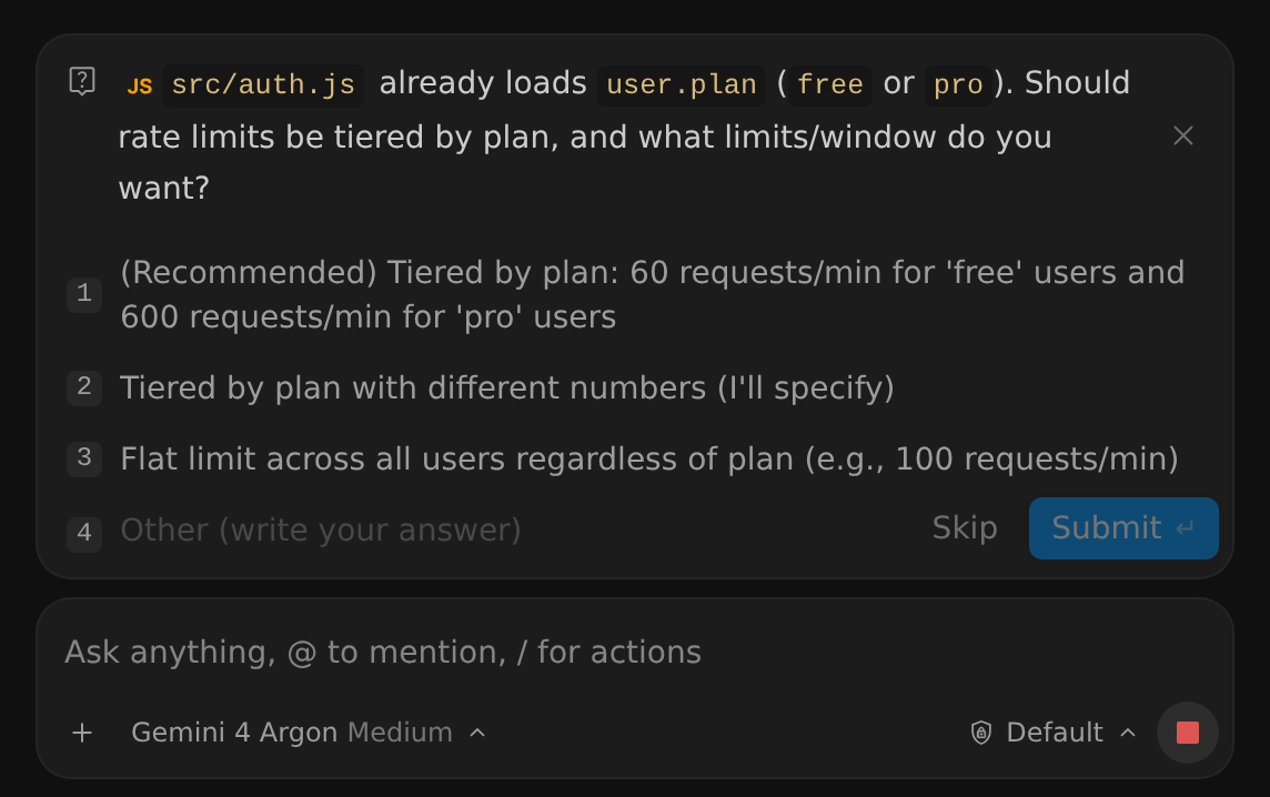 A /grill-me question in the Antigravity App asking whether rate limits should be tiered by user plan and what limits to use, with the recommended answer first, an Other field, and Cancel, Skip, and Submit buttons